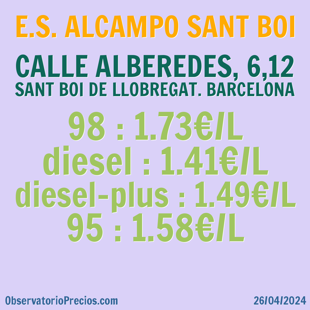 Máquina de escribir Fusión Creyente Gasolinera E.S. ALCAMPO SANT BOI en SANT BOI DE LLOBREGAT Gasolina 95  (G.Protección): 1.495€, Gasolina 98: 1.590€, Diesel (Gasoleo A): 1.379€