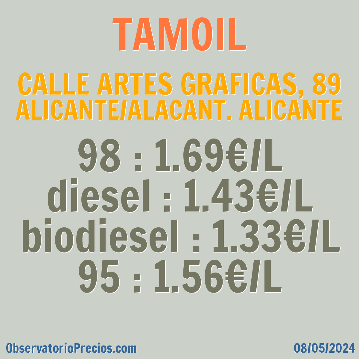 Decaer tomar el pelo Locomotora Gasolinera TAMOIL en ALICANTE/ALACANT Gasolina 95 (G.Protección): 1.559€,  Gasolina 98: 1.689€, Diesel (Gasoleo A): 1.389€